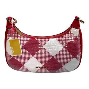 Michael Kors Cora Bright Red Sequin Plaid Medium Zip Pouchette w/ Strap NEW $428